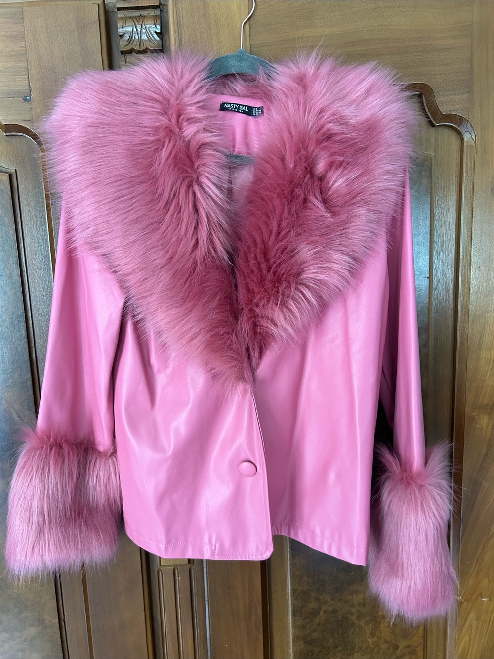 Nasty Gal Rose Pink Faux Fur-Trim Vegan Leather Jacket